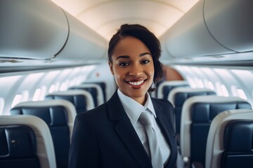 attractive African American woman who works as an airplane attendant