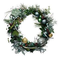 Opulenter festlicher Kranz zu Weihnachten mit Kugeln Blumen und Tannenzweige in grün weiß 