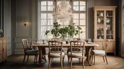 Fototapeta na wymiar an elegant dining room with a wooden table and chairs and a buffet and a crystal chandelier