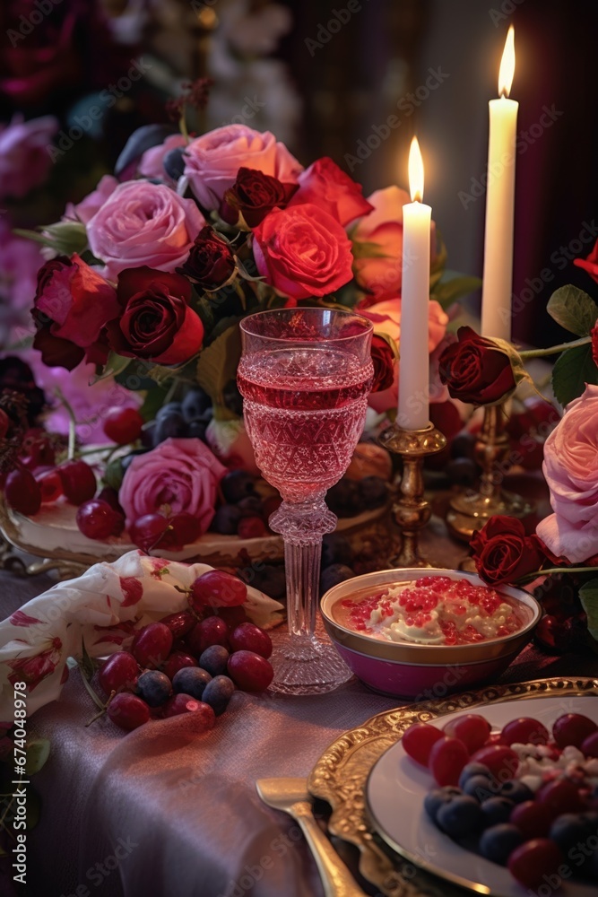 Poster A table topped with a plate of fruit and a glass of wine. Perfect for food and beverage concepts.