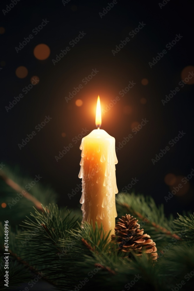 Poster a lit candle placed on top of a pine tree. can be used for holiday decorations or as a symbol of pea