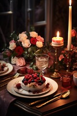 A table set with plates of food and a candle. This image can be used for various occasions and themes, such as dinner parties, romantic dinners, restaurant promotions, and food presentations.