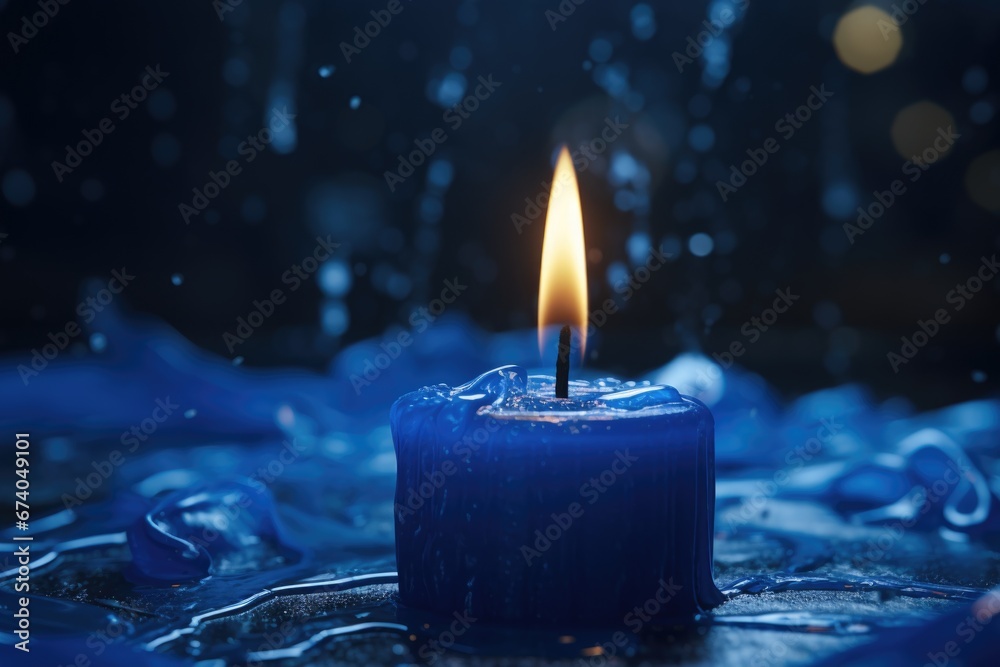 Poster a blue candle is lit in the dark. this image can be used for various purposes.