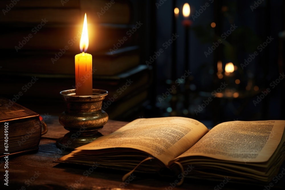 Poster An open book sits on top of a table next to a lit candle. This image can be used to represent knowledge, learning, reading, or a cozy and peaceful atmosphere.