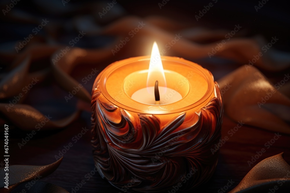 Poster A simple image of a lit candle placed on top of a table. This versatile picture can be used in various contexts.