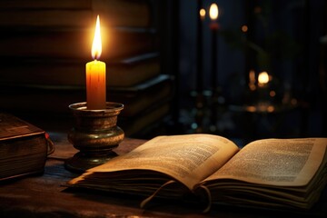 An open book sits on top of a table next to a lit candle. This image can be used to represent knowledge, learning, reading, or a cozy and peaceful atmosphere.