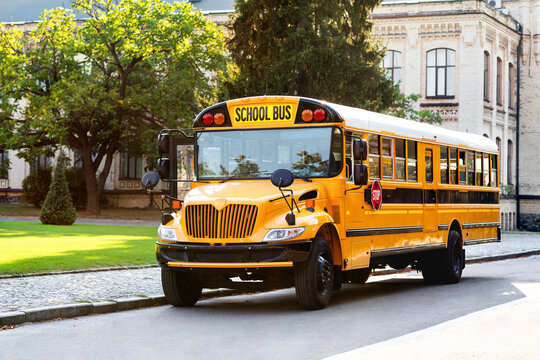 Classic yellow school bus with red stop sign standing on the road