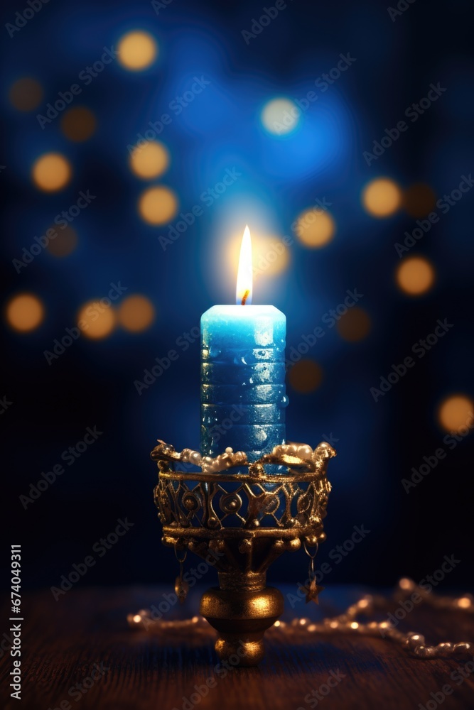 Poster A lit candle sitting on top of a table. Perfect for adding a warm and cozy atmosphere to any space.