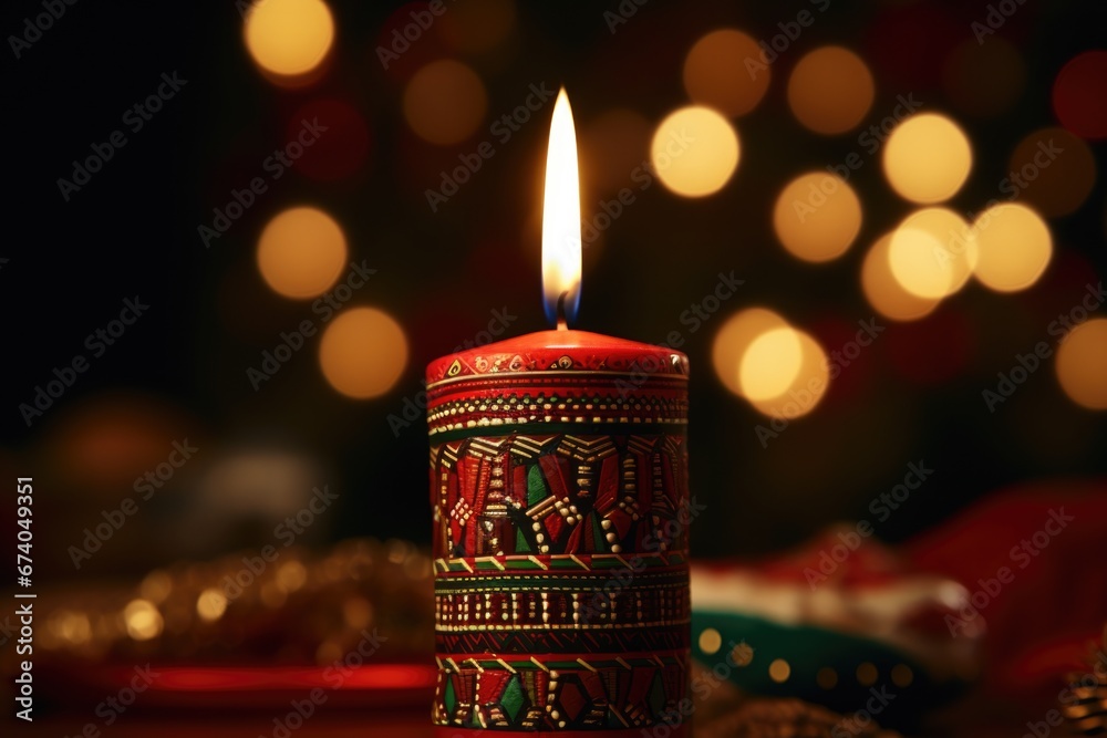 Poster a lit candle sitting on top of a table. this image can be used to create a cozy and peaceful atmosph