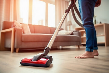 Room cleaning with a vacuum cleaner. Close-up. - obrazy, fototapety, plakaty