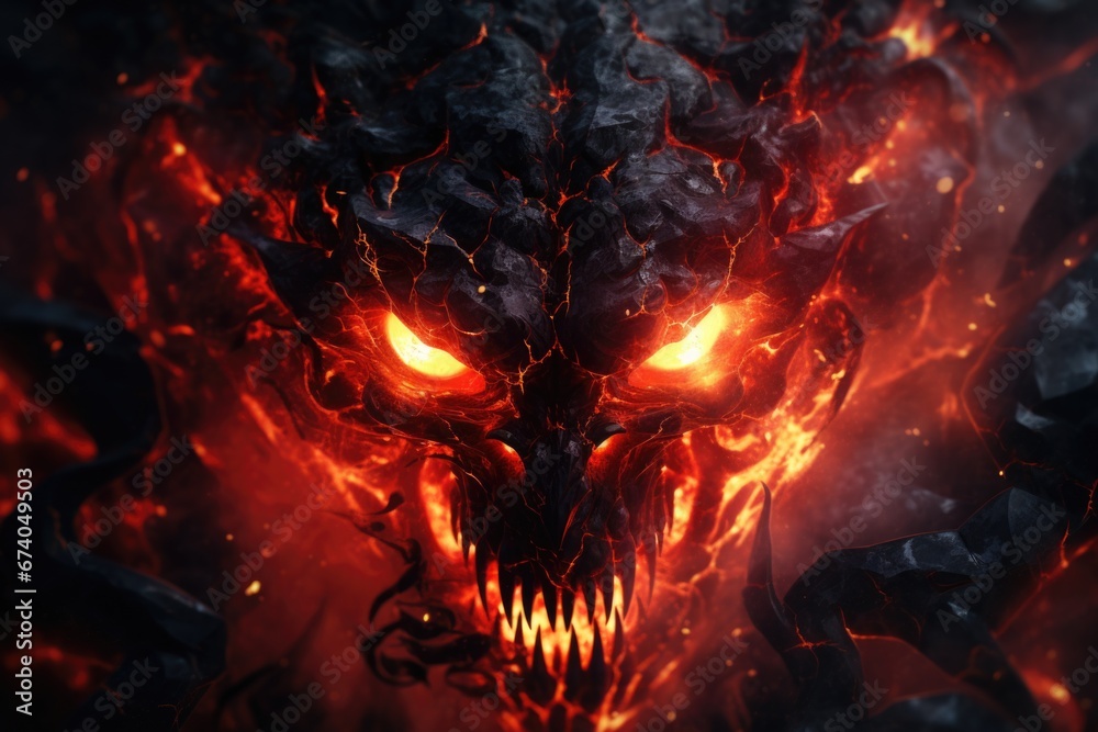 Poster a picture of a demonic looking demon with glowing eyes. this image can be used for halloween events 