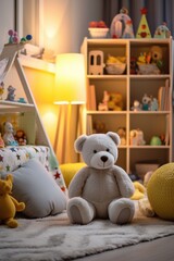 A cute  bear sits on the floor in a cozy child's room. Perfect for children's room decor or illustrating childhood memories.