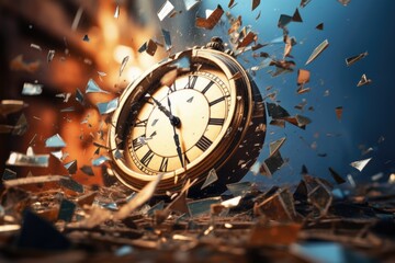 A clock breaking through a pile of broken glass. This image can be used to symbolize the concept of...