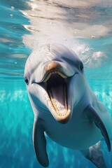 A picture of a dolphin with its mouth open in the water. This image can be used to depict the playful nature of dolphins or as a representation of marine life in general.