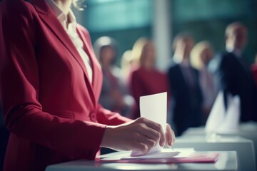 A woman dressed in a red suit inserting a piece of paper into a voting box. This image can be used to represent participation in elections or democratic processes. - obrazy, fototapety, plakaty
