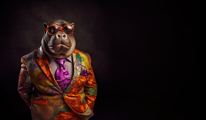 Cool looking hippo or hippopotamus wearing funky fashion dress - jacket, tie, glasses. Wide banner with space for text at side. Stylish animal posing as supermodel. Generative AI