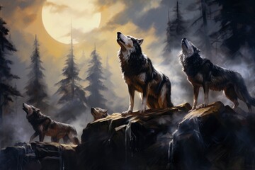 The watercolor rendering of a wolf pack in the forest, illuminated by a full moon, exudes wild serenity.