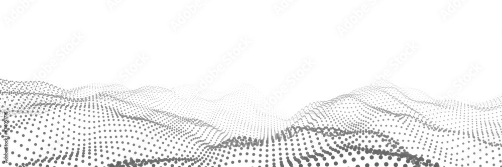 Poster Technology white wave of particles. Big data visualization. Analytics representation. Digital background. Vector illustration.