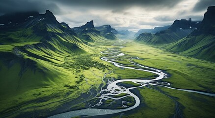 aerial view of river in iceland, in the style of futurist claims - obrazy, fototapety, plakaty