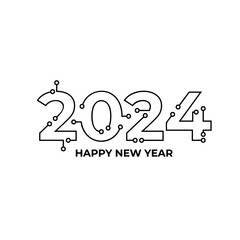 Happy new year 2024 text design with high tech circuit board texture. Vector illustration.