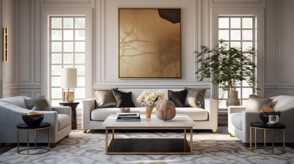 An elegant living room features a velvet sofa and a marble-topped coffee table with gold accents  - obrazy, fototapety, plakaty