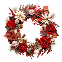 Opulenter festlicher Kranz zu Weihnachten mit Kugeln Blumen und Tannenzweige in wei&szlig; rot creme