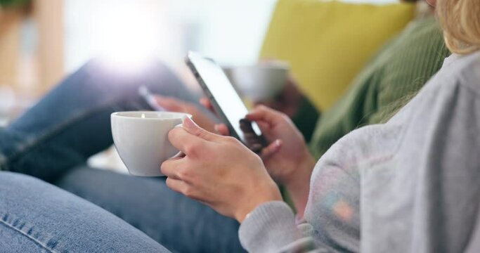 Search, Phone And Coffee With Hands Of Couple On Sofa For Peace, Social Media And Networking. Relax, Tea And Technology With Closeup Of Man And Woman In Living Room Of Home For Communication App