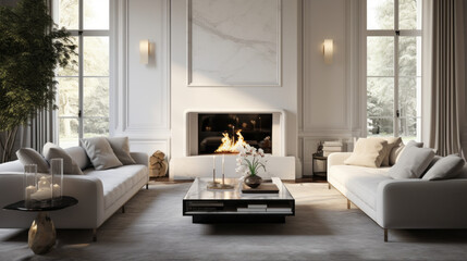 An elegant living room with an inviting velvet sofa and a modern fireplace