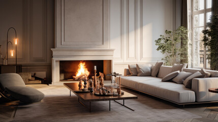 An elegant living room with an inviting velvet sofa and a modern fireplace