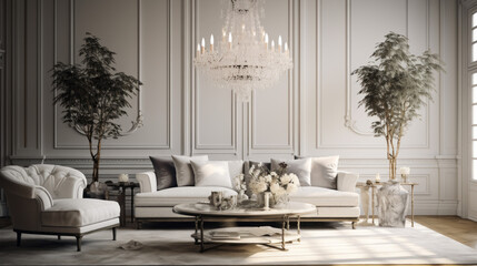 an elegant living room with a velvet sofa and a glass coffee table and a crystal chandelier