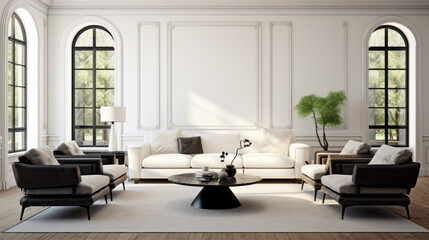 an elegant living room with white walls and dark hardwood floors A white leather sofa is in the center and two matching armchairs are arranged around it A white area rug is placed in the center