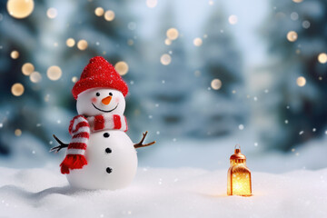 Naklejka na ściany i meble Merry Christmas and Happy New Year greeting card. Happy snowman standing in background of beautiful snowy forest