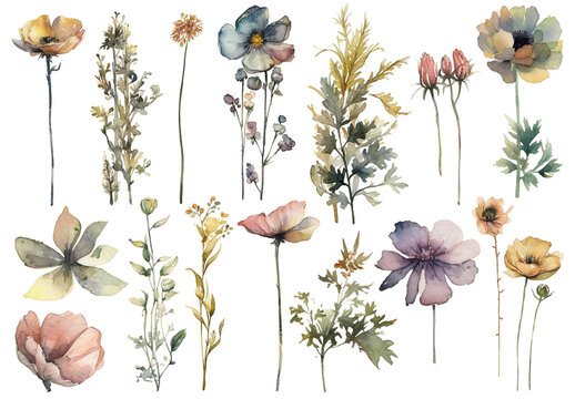 Watercolor painted flowers. Hand drawn flower design elements isolated on white background.