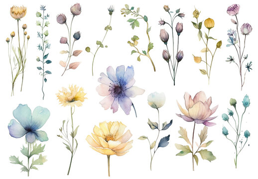 Watercolor painted flowers. Hand drawn flower design elements isolated on white background.