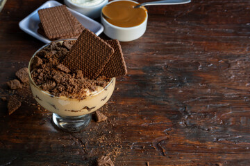 Chocotorta dessert, with layers of cream with dulce de leche and chocolate cookies. Typical Argentine sweets.