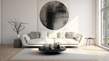 an elegantly designed room with white walls and dark wood floors A large white sofa stands in the center of the room with a round glass table in front of it A large abstract painting hangs on the wall