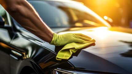 A man cleaning car with microfiber cloth, car detailing (or valeting) concept. Car wash background - obrazy, fototapety, plakaty