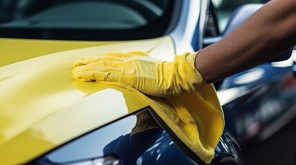A man cleaning car with microfiber cloth, car detailing (or valeting) concept. Car wash background