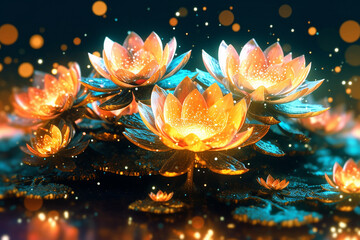 Beautiful fantasy fairy tale shining lotus flowers sparkle in the dark at night. AI technology.