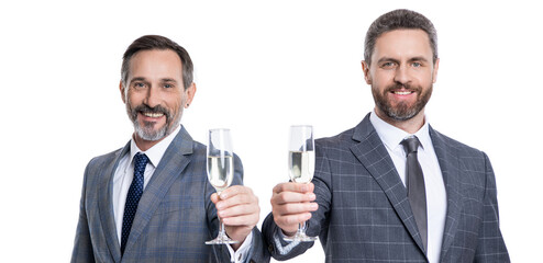 businessmen dealing isolated on white. partnership concept. celebrate business deal. two happy businessmen celebrating contract deal with champagne. successful agreement in business deal