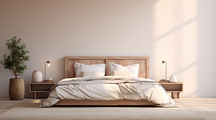 an empty bedroom featuring a large double bed with a white headboard and bedside tables with matching lamps 