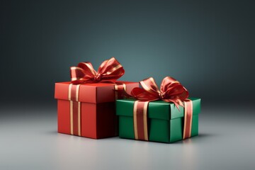 Obraz premium Two wrapped gift present surprise boxes in red and green colours with shimmering ribbons and bows. Christmas birthday anniversary package