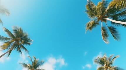 Fototapeta na wymiar Tropical Canopy: Clear Blue Sky Viewed Through Palm Trees from Below. Generative ai