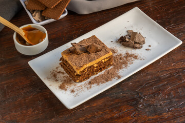 Chocotorta typical dessert from Argentina. Made with dulce de leche mixed with cream and chocolate cookies.