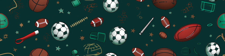Seamless pattern with elements of team sports. Football and rugby balls. Sports background.