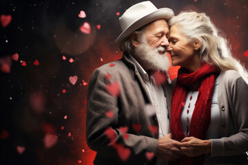 Romantic elderly couple in love shares a tender moment by holding hands on floating hearts background. Saint Valentine's Day concept