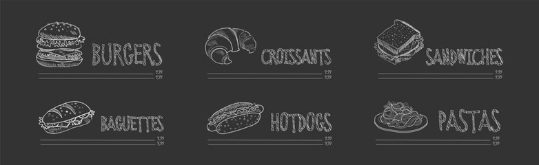 Chalk Drawn Food Item from Restaurant Menu on Black Background Vector Set © topvectors