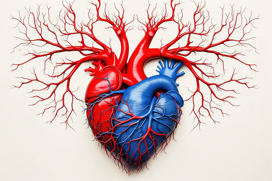 Red and blue model of a human heart. Heart care concept.