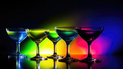 Glasses illuminated in different colors on a black background