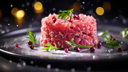 Commercial photography of raw tuna tartar with greens. Fresh tartar from the chef, elegantly decorated, close-up. Photo for restaurant menu.  - obrazy, fototapety, plakaty